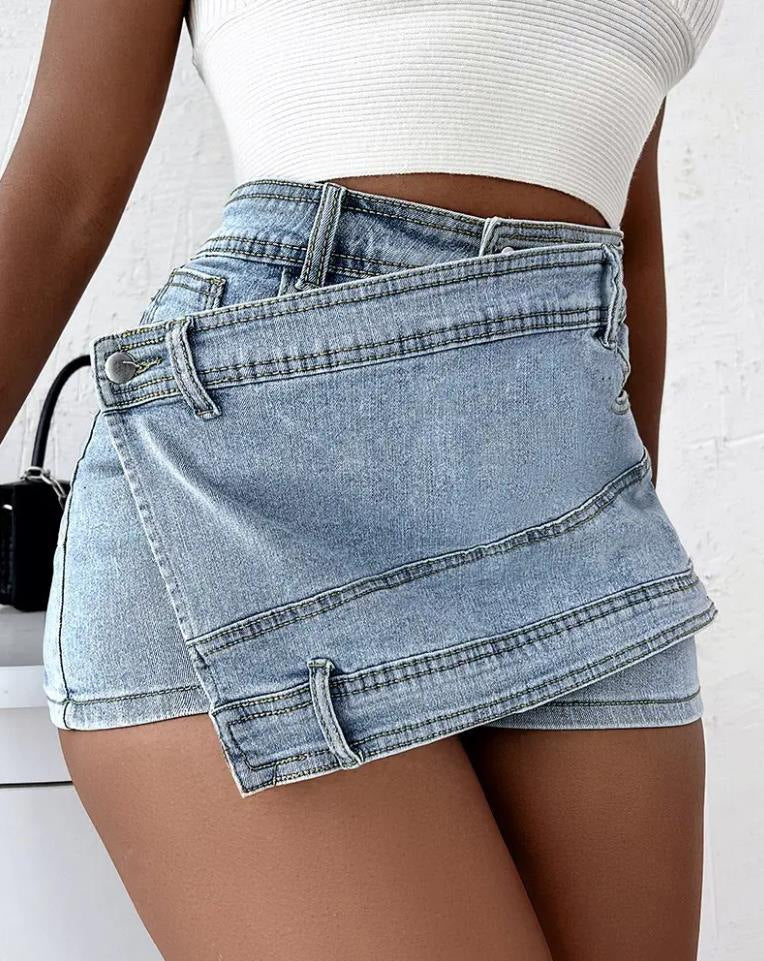 Vintage Denim Asymmetrical Hem A-Line Skinny Mini Skirt