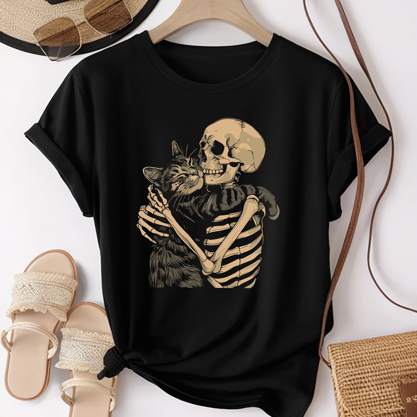 Casual Skull & Cat Print Short Sleeve T-Shirt