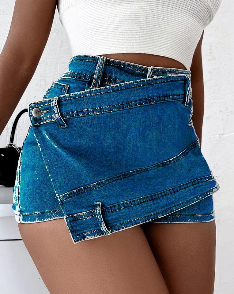 Vintage Denim Asymmetrical Hem A-Line Skinny Mini Skirt