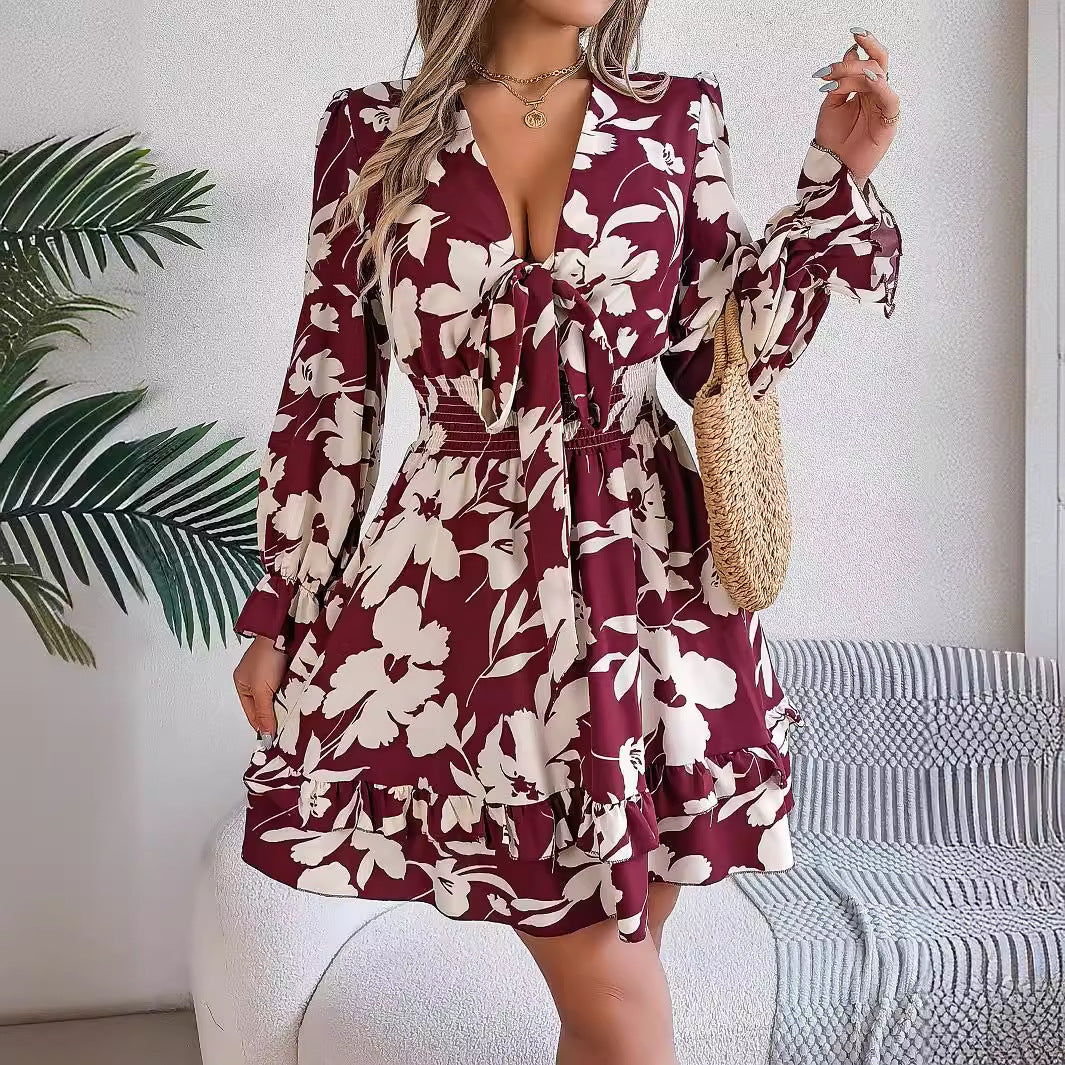 Floral Printed V-Neck Long Sleeve Dress