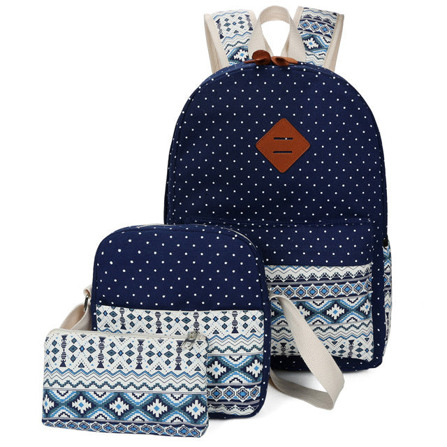 Three-Piece Polka Dot Canvas Travel Backpack