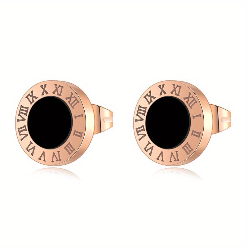 Round Black Roman Numerals Titanium Steel Ear Studs