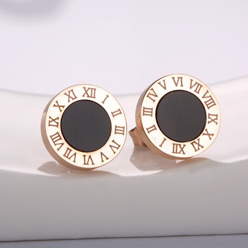 Round Black Roman Numerals Titanium Steel Ear Studs