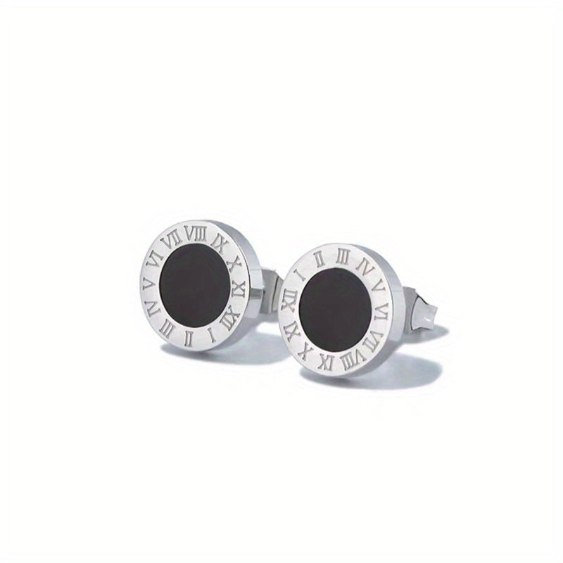 Round Black Roman Numerals Titanium Steel Ear Studs