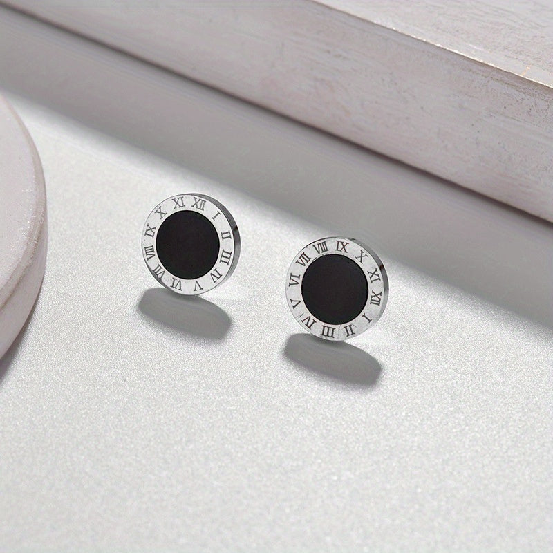 Round Black Roman Numerals Titanium Steel Ear Studs