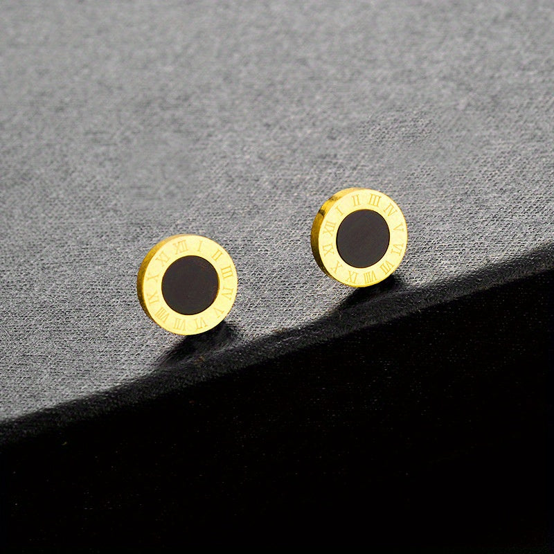 Round Black Roman Numerals Titanium Steel Ear Studs