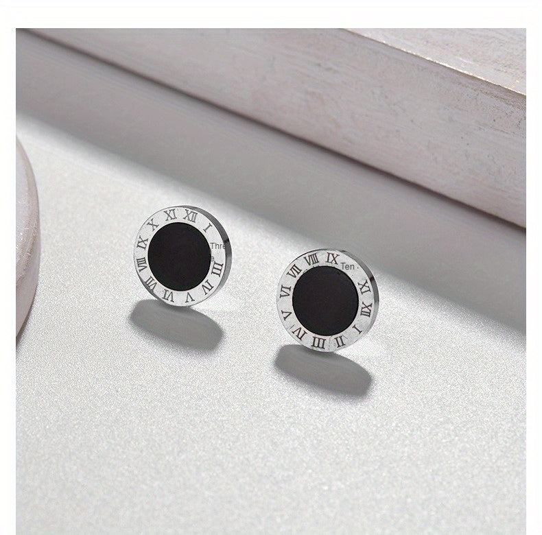 Round Black Roman Numerals Titanium Steel Ear Studs