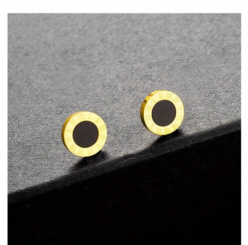 Round Black Roman Numerals Titanium Steel Ear Studs