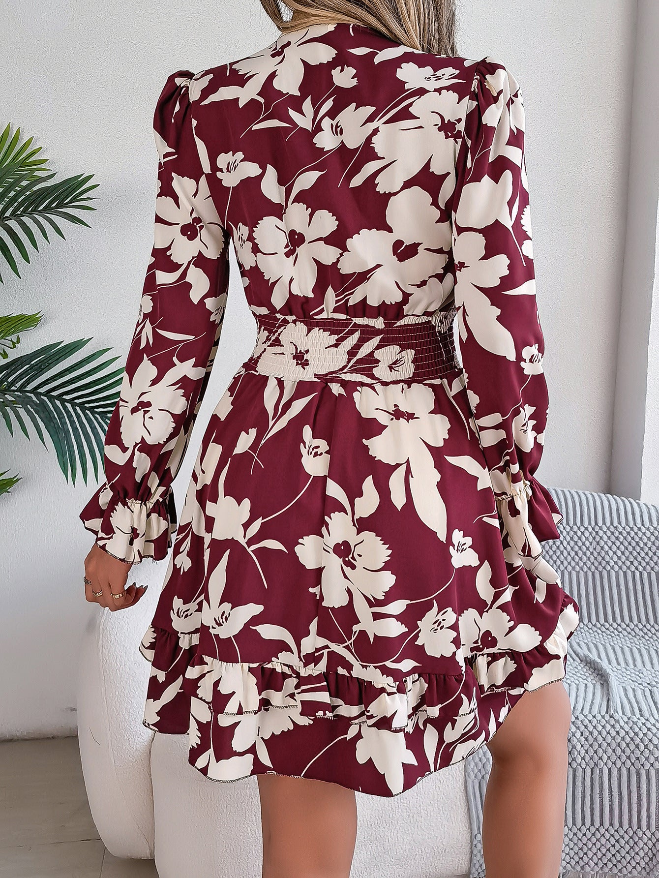 Floral Printed V-Neck Long Sleeve Dress