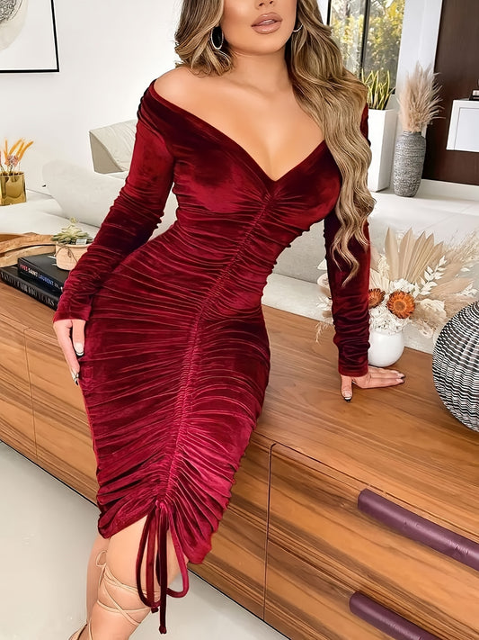 Elegant V-Neck Off-the-Shoulder Velvet Pleated Midi Dress