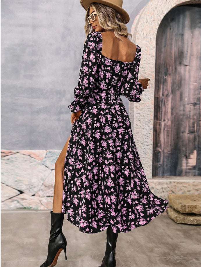 Flowers Print Slit Long Sleeve Dress