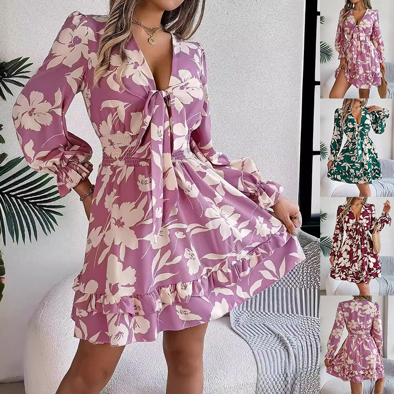 Floral Printed V-Neck Long Sleeve Dress