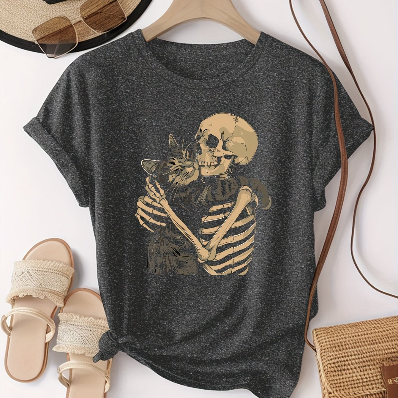 Casual Skull & Cat Print Short Sleeve T-Shirt