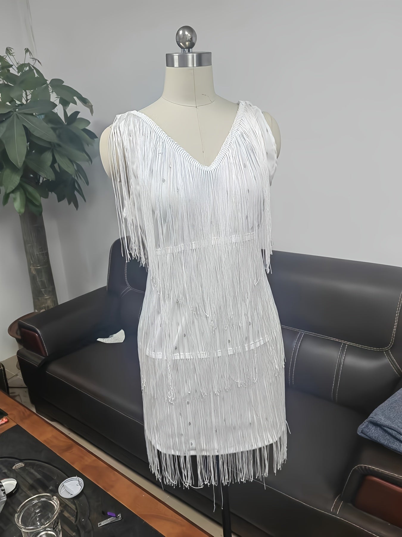 Elegant Deep V-Neck Sleeveless Fringe Dress