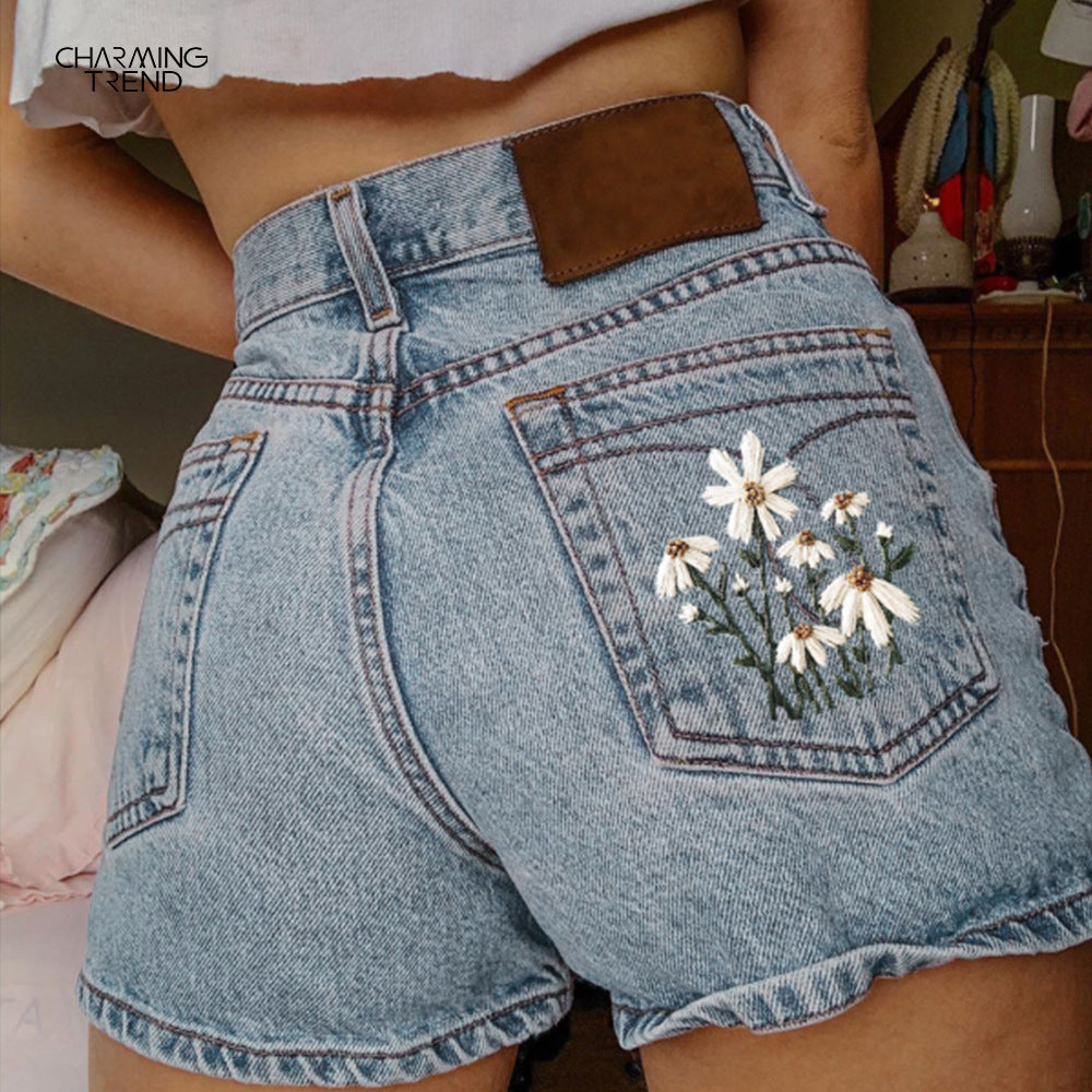 Printed Summer Flower Vintage Denim Shorts