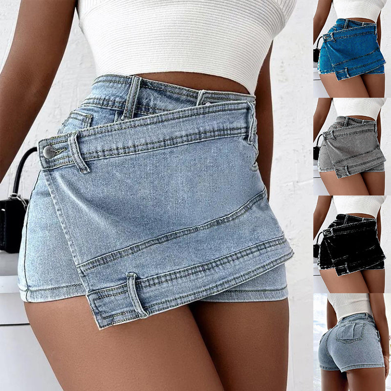 Vintage Denim Asymmetrical Hem A-Line Skinny Mini Skirt