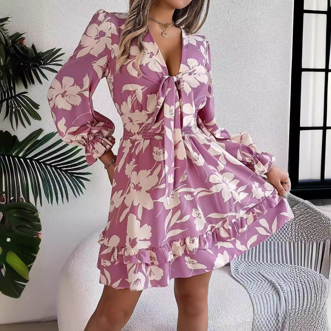 Floral Printed V-Neck Long Sleeve Dress