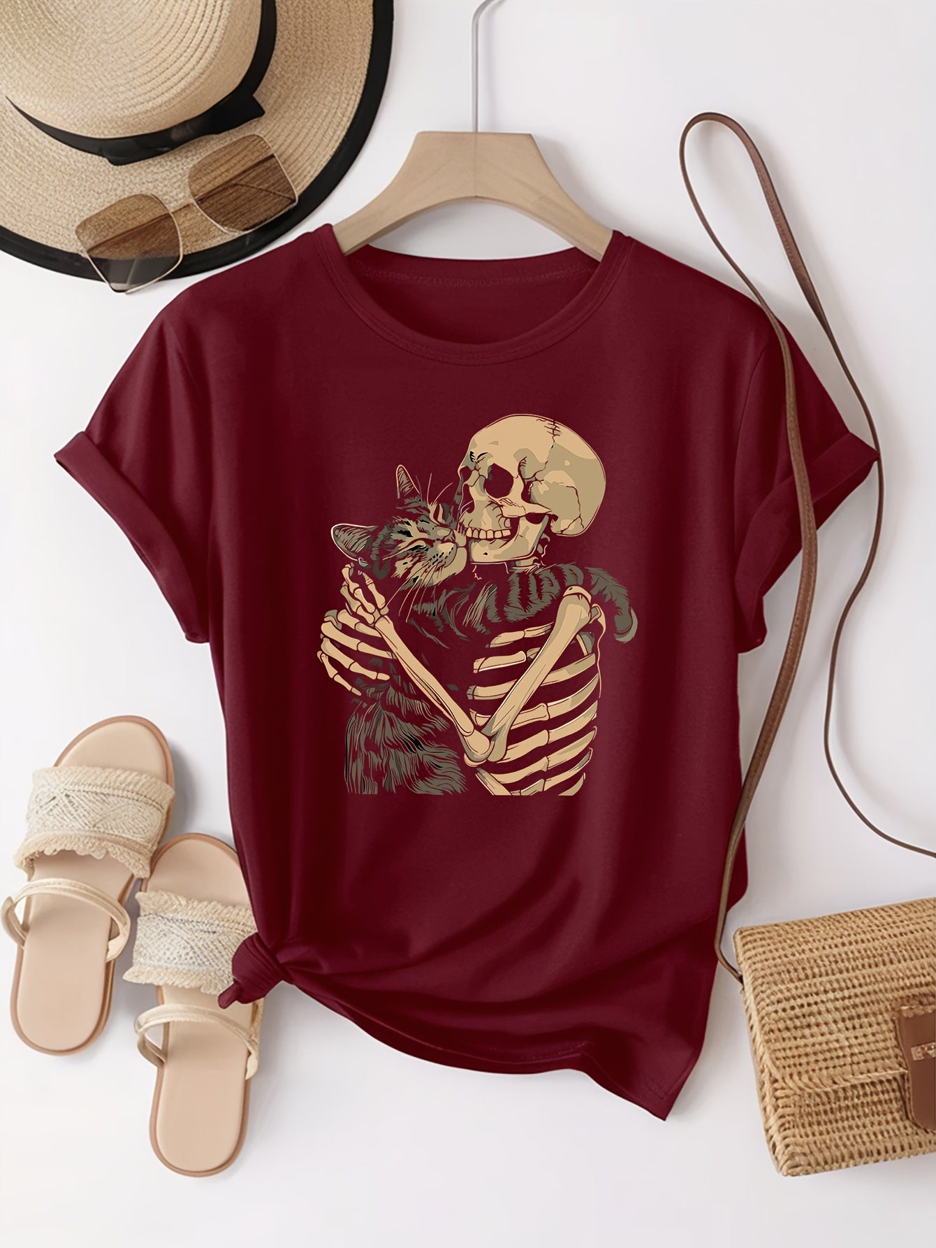 Casual Skull & Cat Print Short Sleeve T-Shirt