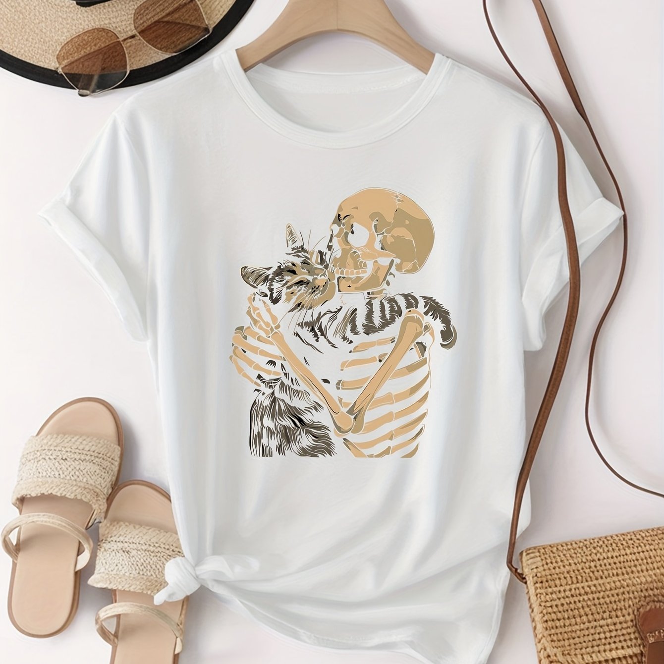 Casual Skull & Cat Print Short Sleeve T-Shirt