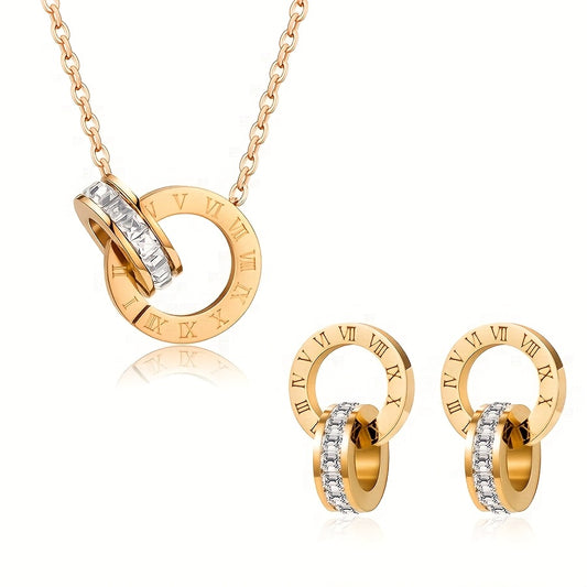 Set of fashionable Roman numeral pendant necklace and earrings