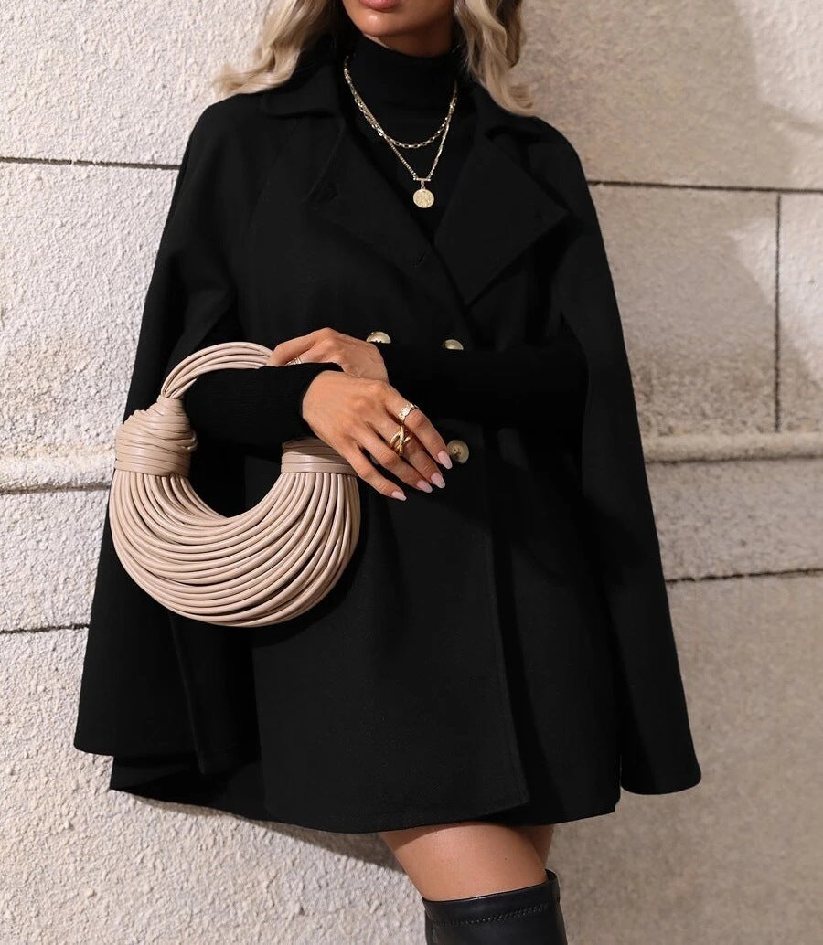 Solid Color Double Breasted Slit Batwing Sleeve Trench Coat