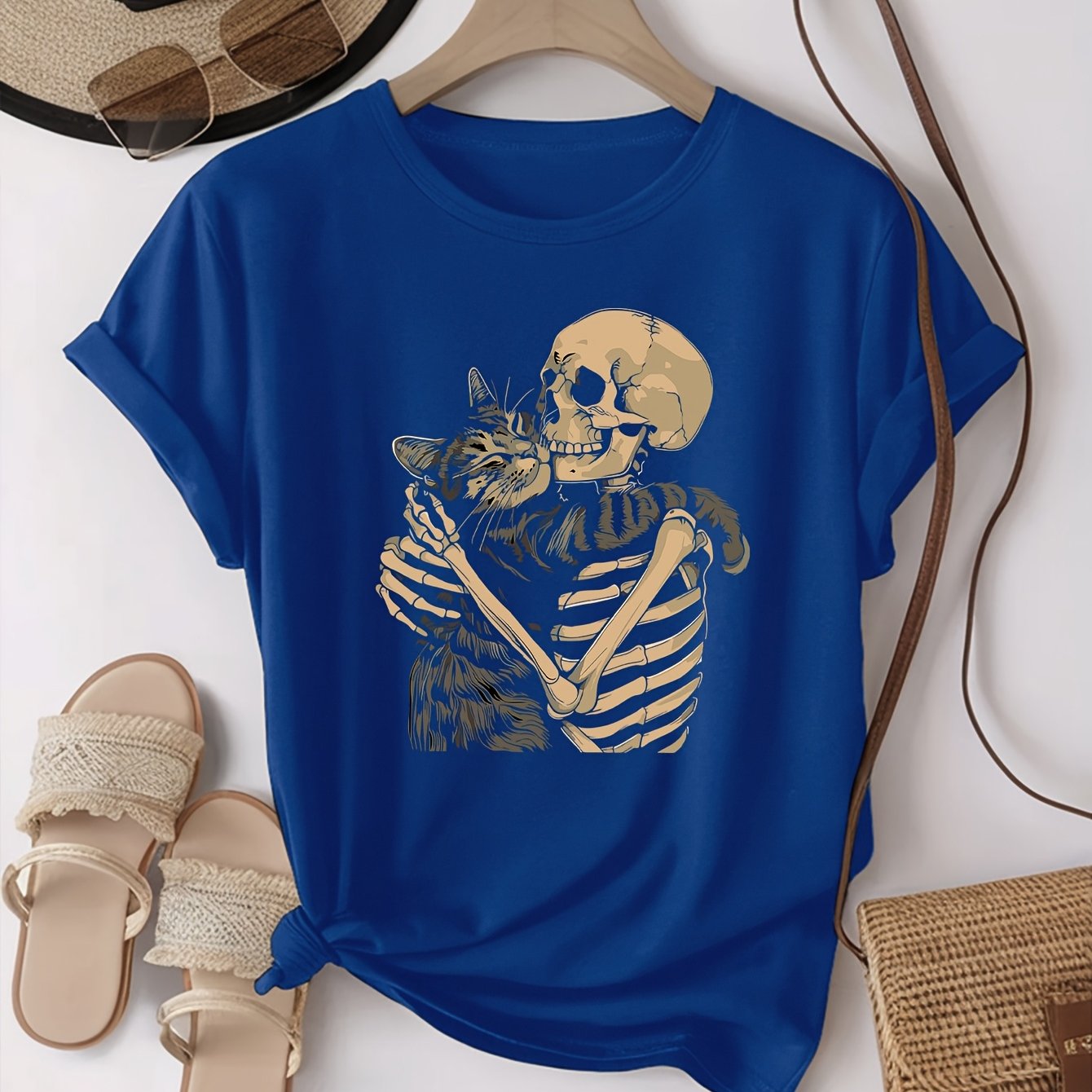 Casual Skull & Cat Print Short Sleeve T-Shirt