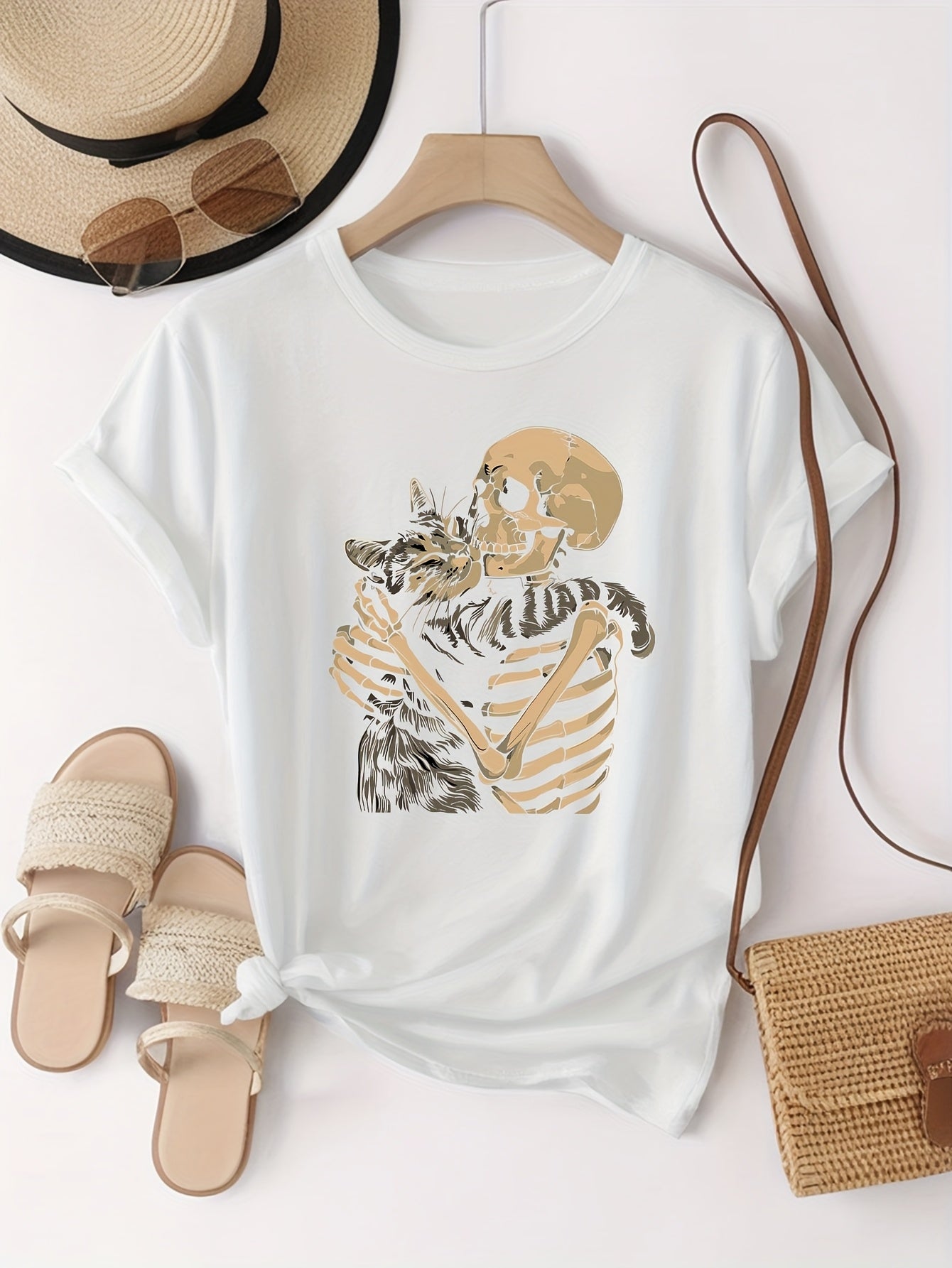 Casual Skull & Cat Print Short Sleeve T-Shirt