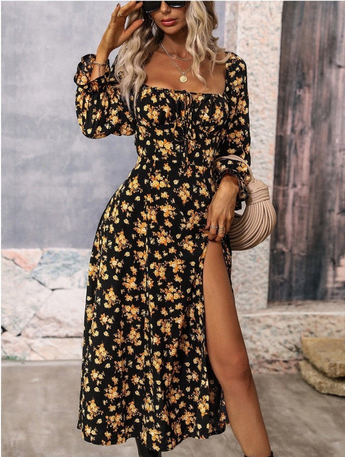 Flowers Print Slit Long Sleeve Dress