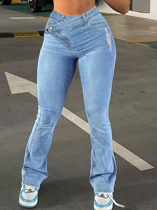 High Waisted Elastic Asymmetrical Cross Design Jeans