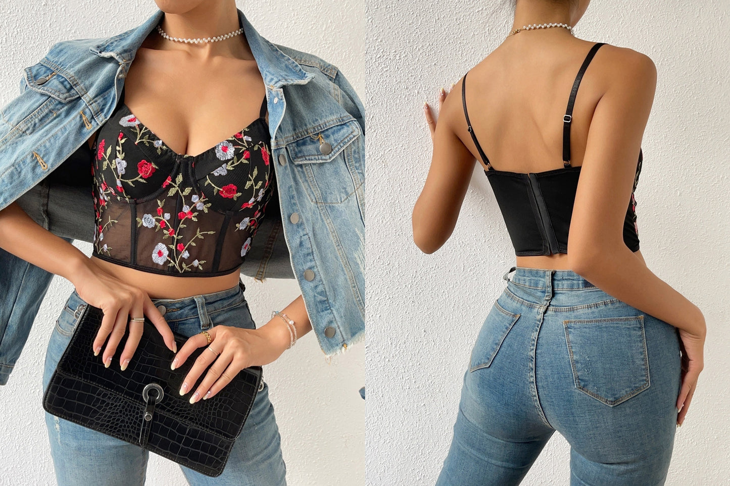 Elegant Embroidered Floral Low-Cut Backless Sling Corset Top