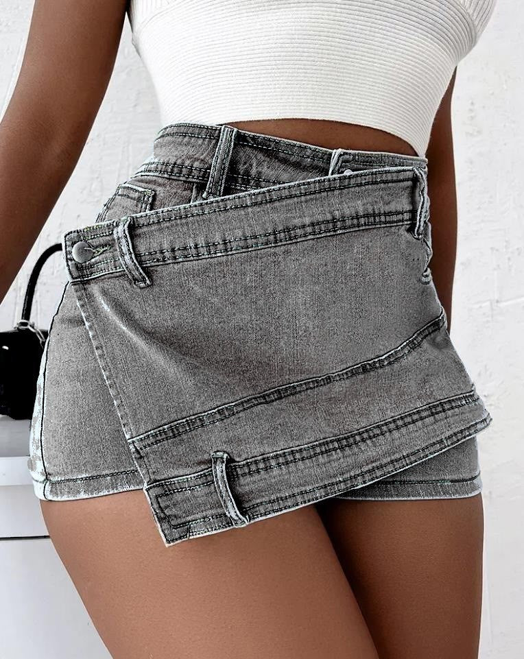 Vintage Denim Asymmetrical Hem A-Line Skinny Mini Skirt