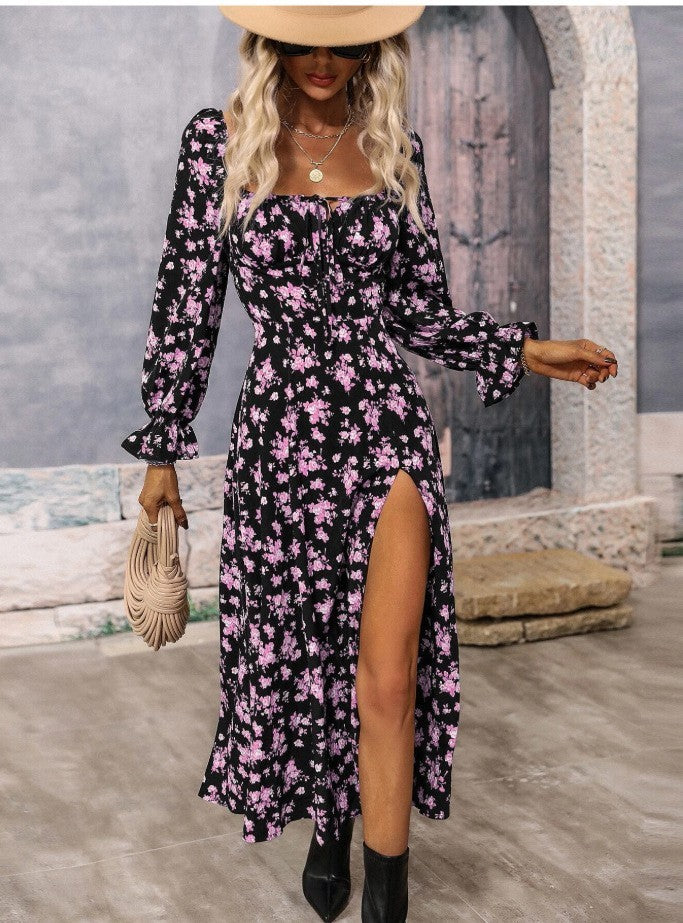 Flowers Print Slit Long Sleeve Dress