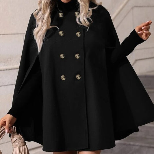 Solid Color Double Breasted Slit Batwing Sleeve Trench Coat