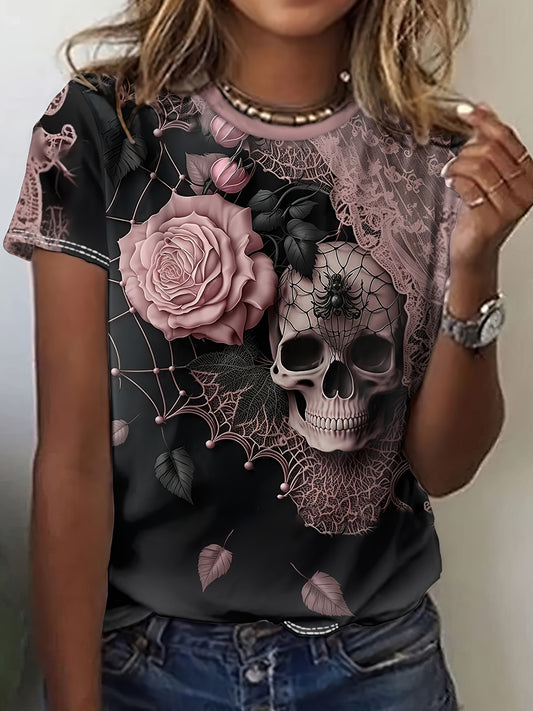 Women's Chic Skull & Floral Print Tee