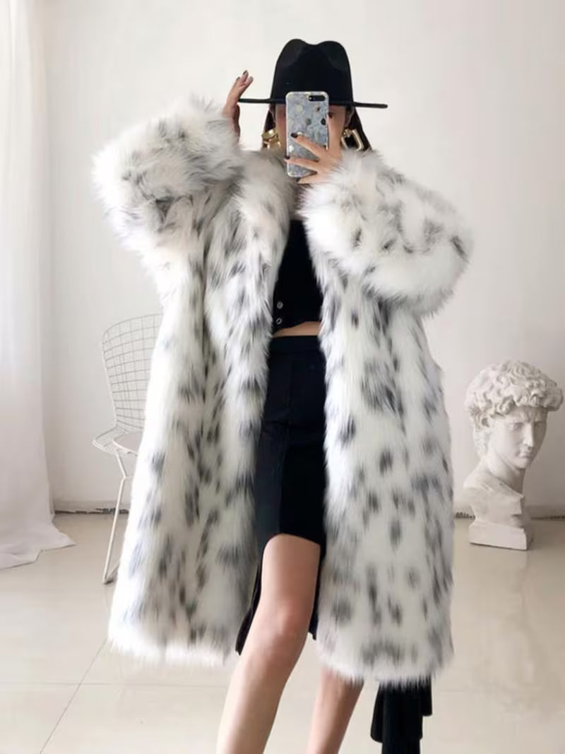 Women's Black & White Leopard Print Faux Fur Coat