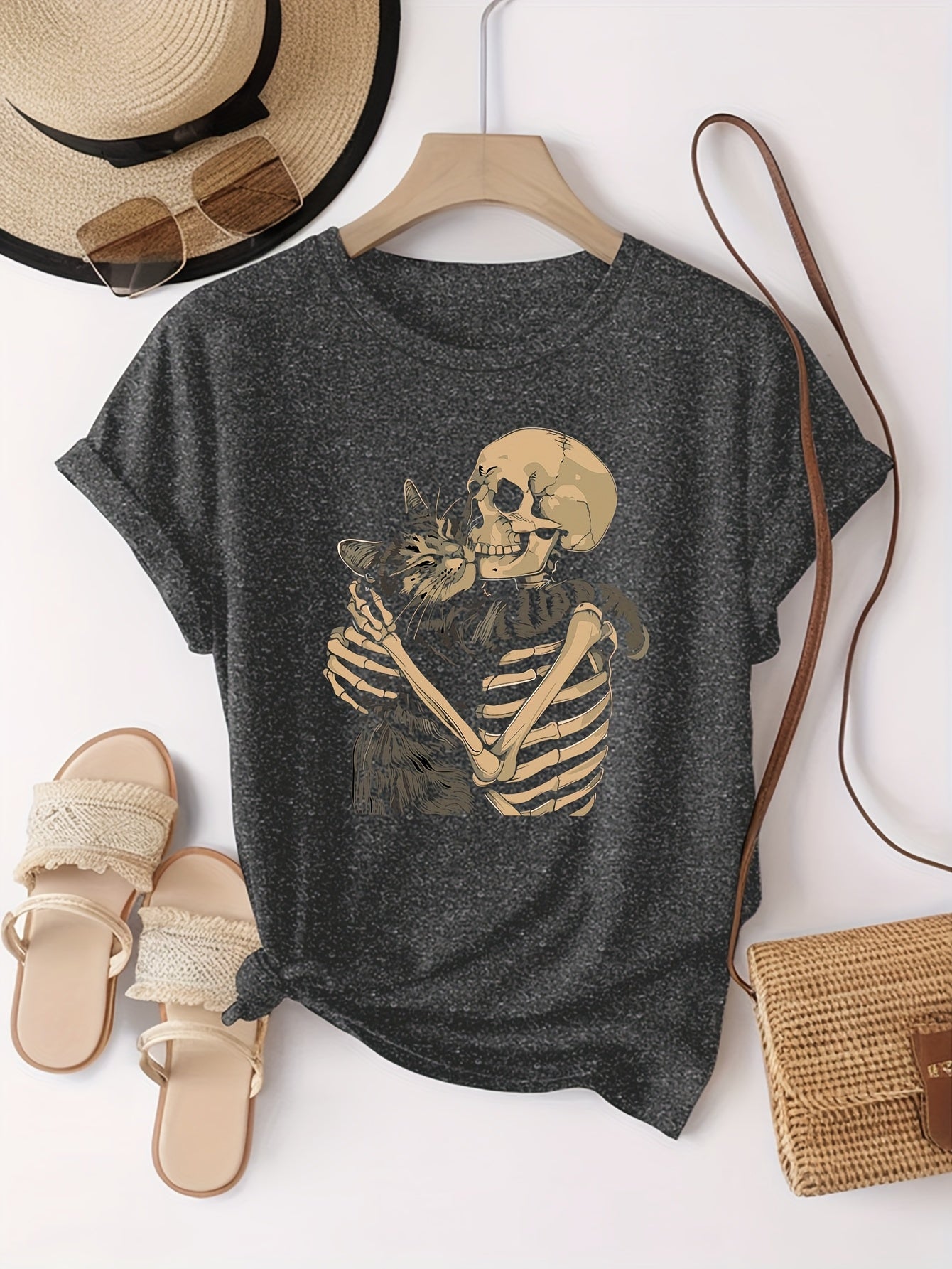 Casual Skull & Cat Print Short Sleeve T-Shirt