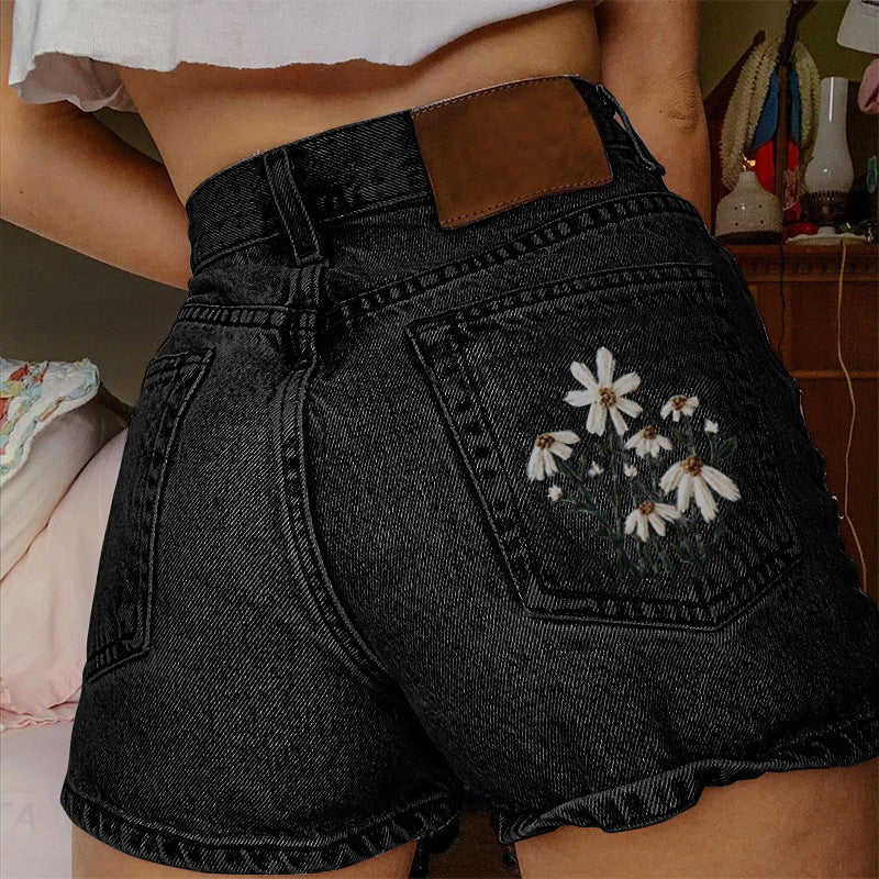 Printed Summer Flower Vintage Denim Shorts