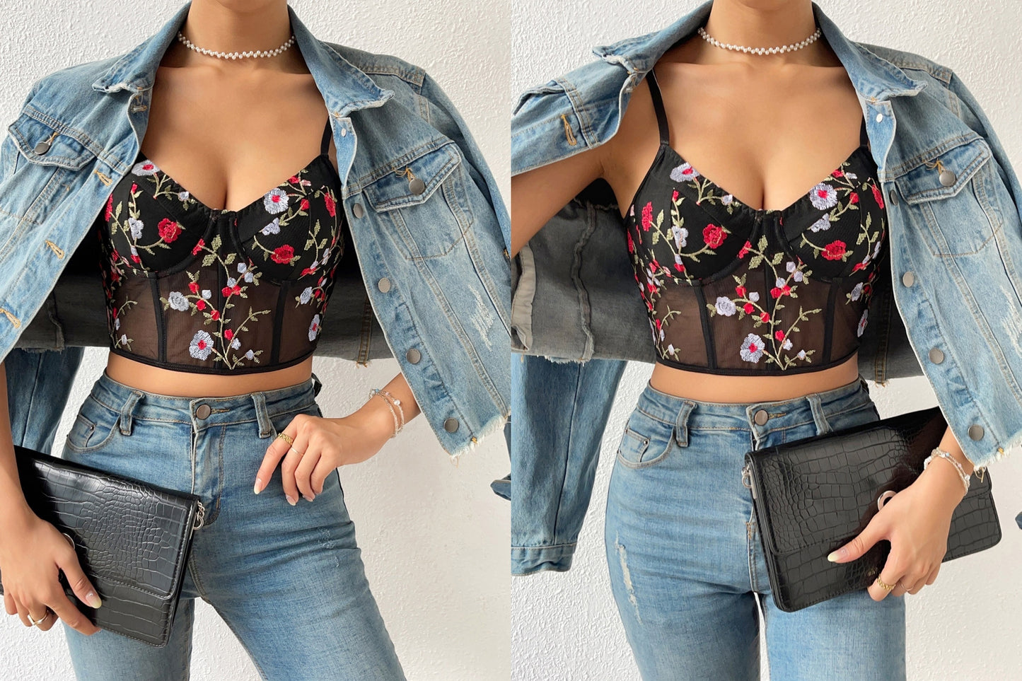 Elegant Embroidered Floral Low-Cut Backless Sling Corset Top