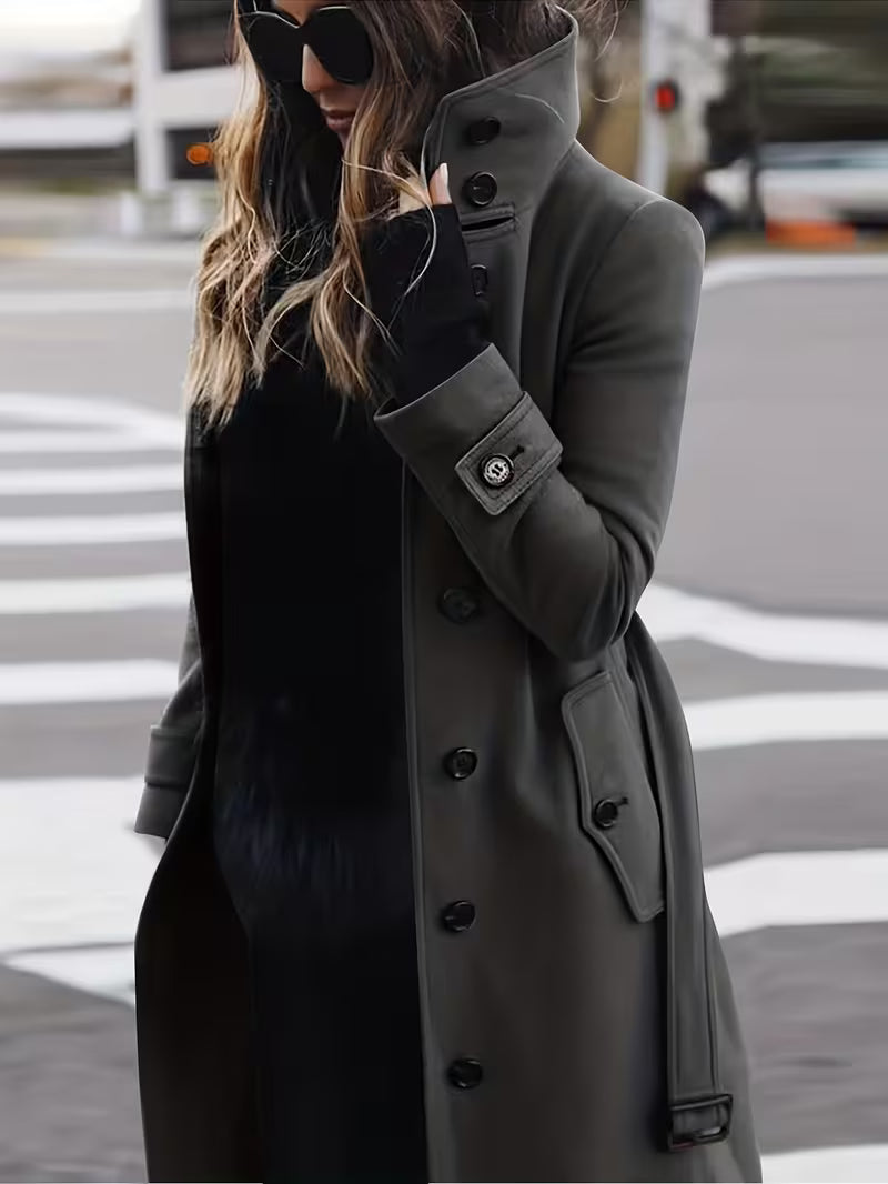 Women's Elegant Long Winter Coat- Stylish Warm Button-