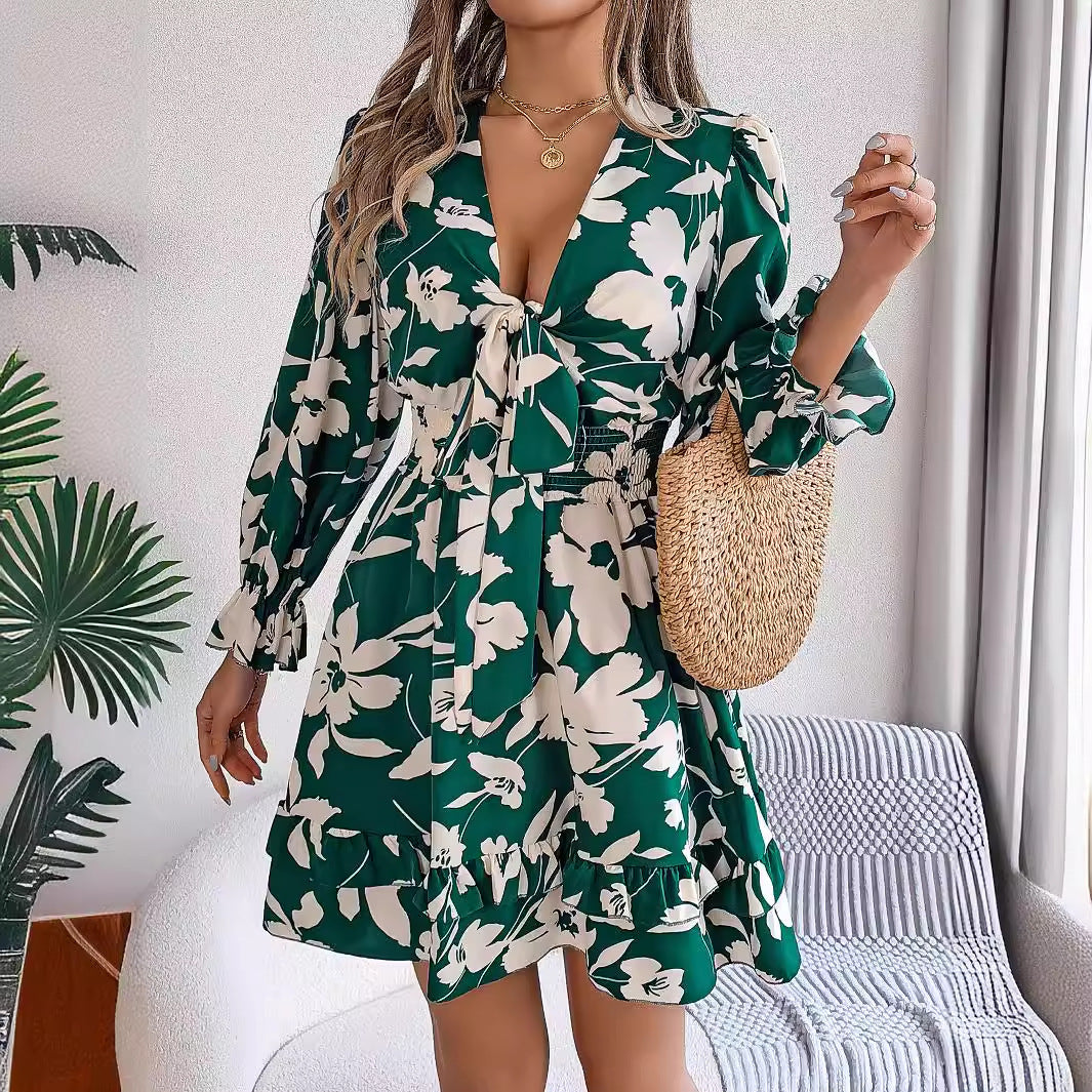 Floral Printed V-Neck Long Sleeve Dress