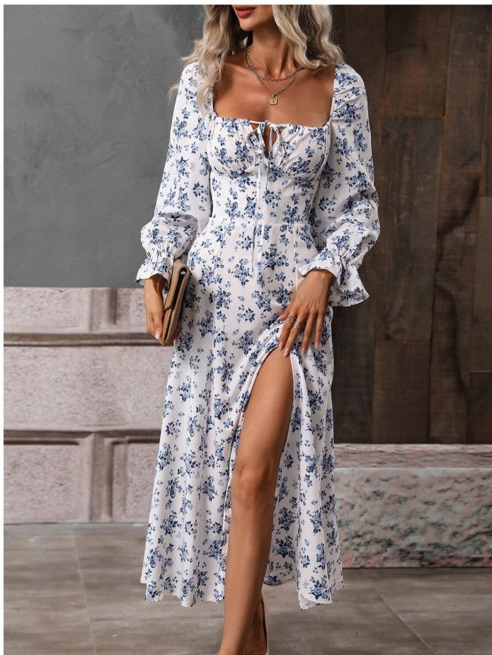 Flowers Print Slit Long Sleeve Dress