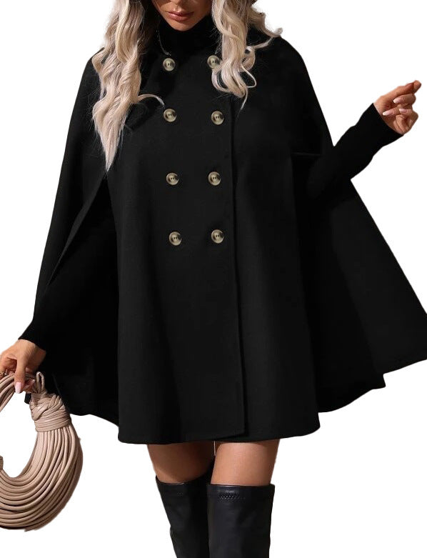 Solid Color Double Breasted Slit Batwing Sleeve Trench Coat