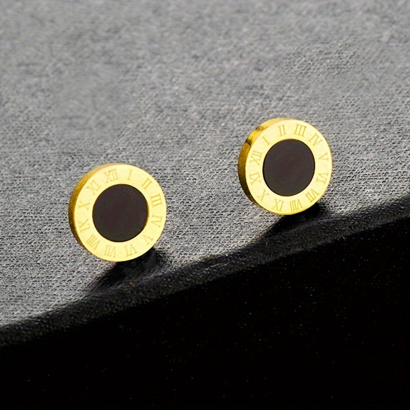 Round Black Roman Numerals Titanium Steel Ear Studs