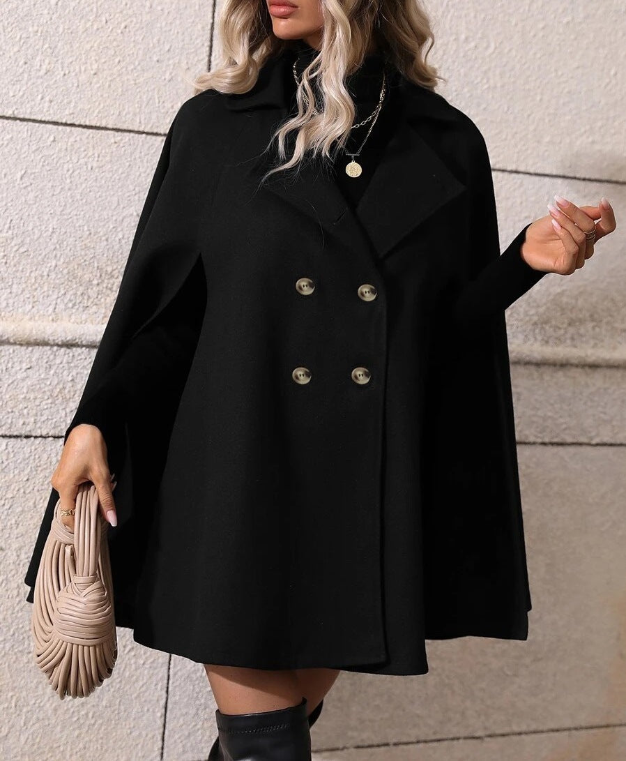 Solid Color Double Breasted Slit Batwing Sleeve Trench Coat